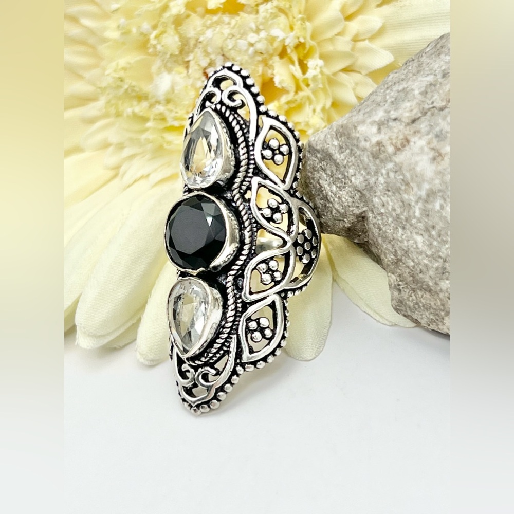BLACK ONYX/WHITE TOPAZ RING - Picture 4 of 11